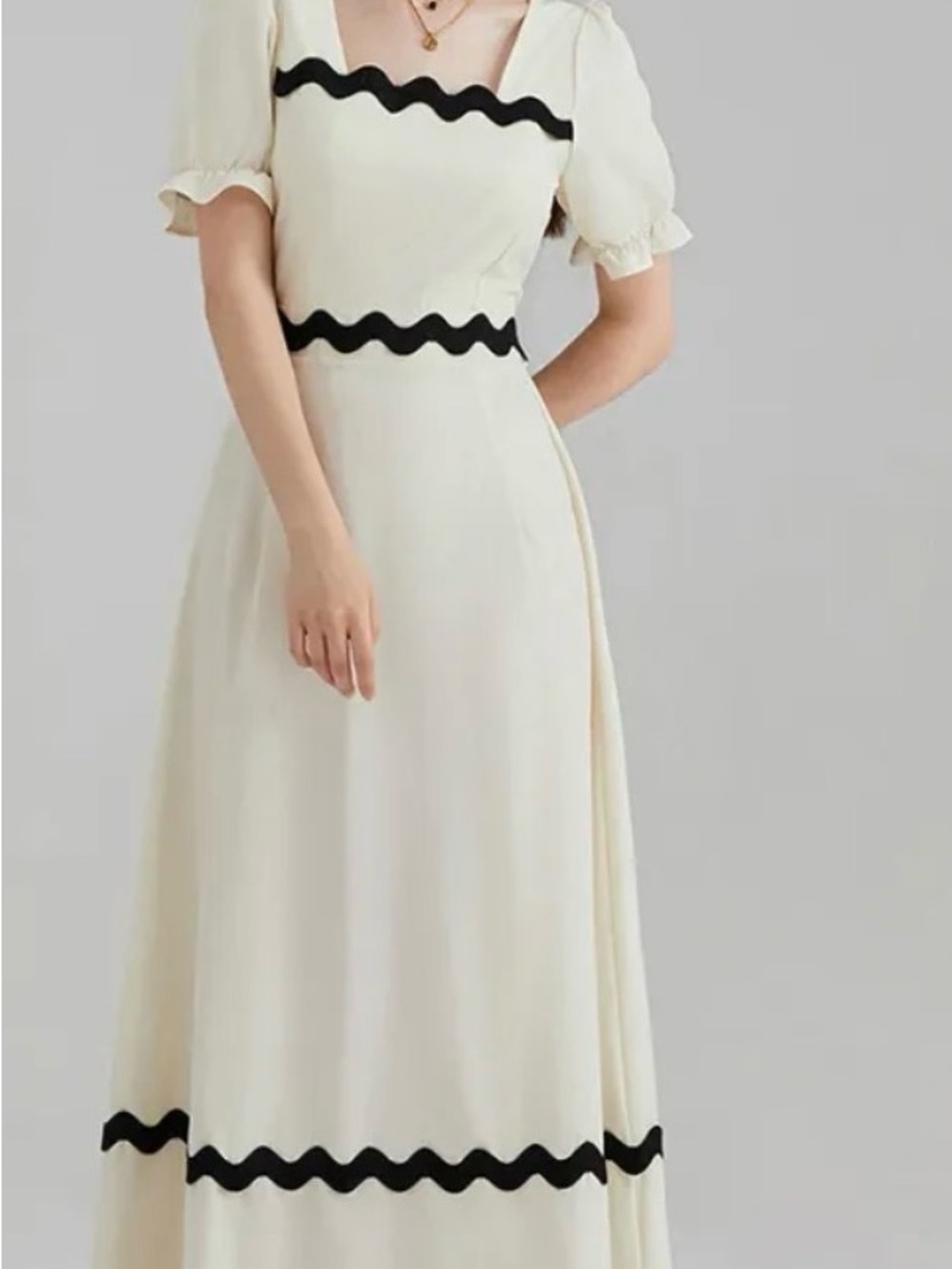 White Maxi Dress with Black Wave Trim - Elegant Women's Dress